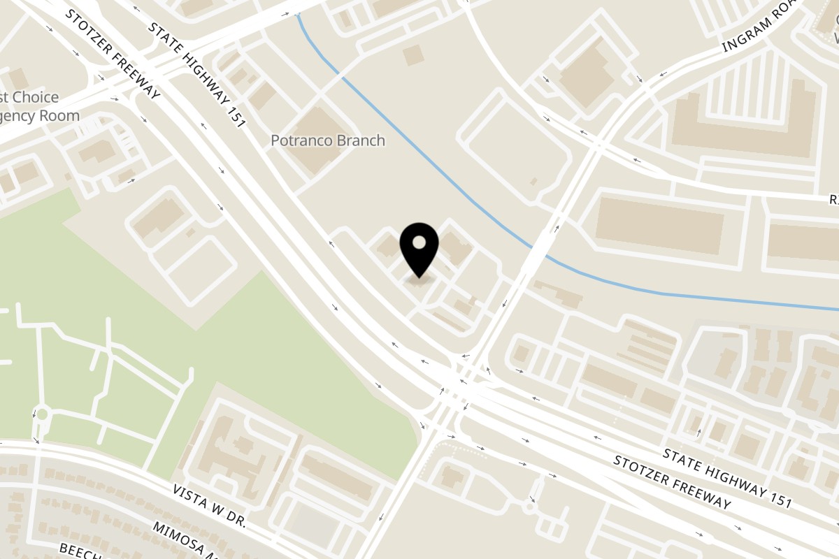 Map showing the location of Grand Tequila Mexican Restaurant on 8723 TX-151 in San Antonio